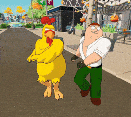 peter griffin and a chicken are standing on a street