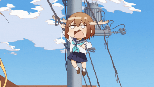 a cartoon of a girl hanging from a power pole