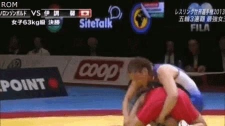 a wrestling match is being shown on a screen with the word rom on it