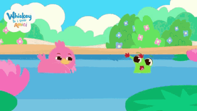 a pink duck and a green frog are swimming in a pond with the words whiskey is i soar amici on the top