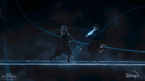 a woman is holding a light saber in front of a man and the words ahsoka are on the bottom
