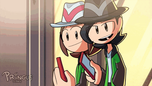 a couple of cartoon characters standing next to each other with pringus in the bottom right corner