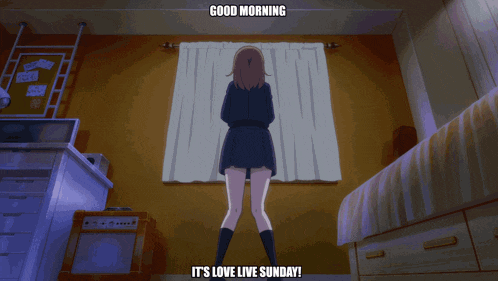 a girl looking out a window with the words good morning it 's love live sunday on the bottom