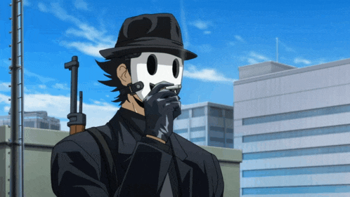 a man wearing a black hat and a white mask smoking a cigarette