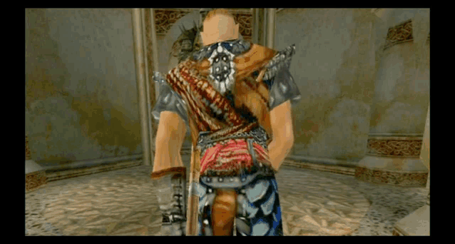 a video game character is standing in a hallway