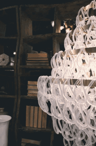 a chandelier is hanging from the ceiling in front of a bookshelf filled with books