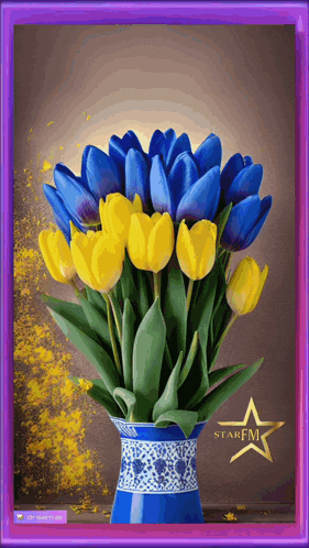 blue and yellow flowers in a blue vase with starfm on the bottom