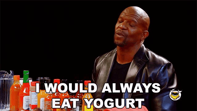 a bald man in a leather jacket says " i would always eat yogurt "