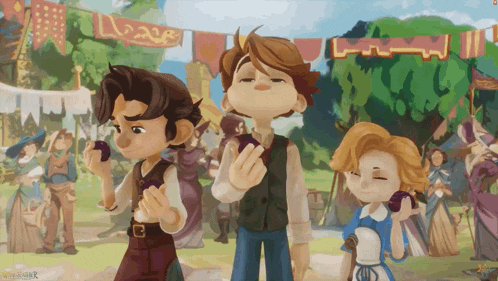 a group of cartoon characters are standing in front of a banner that says ' love ' on it