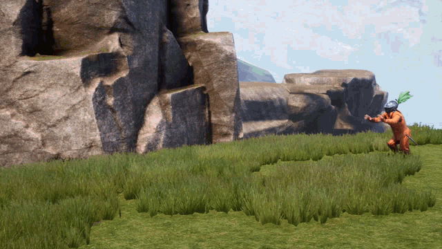 a man in a native american outfit is standing in a field