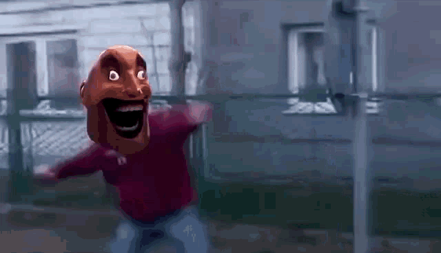 a cartoon character with a big smile on his face is standing in front of a building .