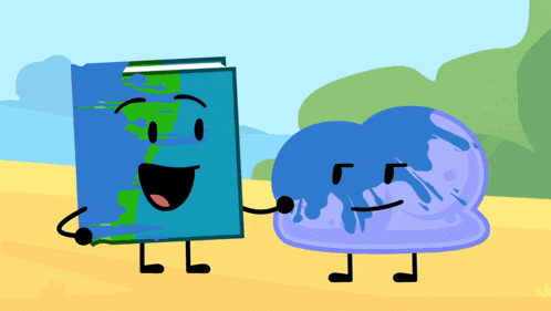 a cartoon drawing of a book and a cloud with arms and legs