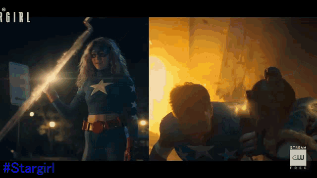 a poster for stargirl shows a woman holding a lightning bolt