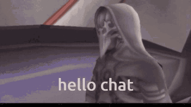 a video game character says hello chat in a purple room