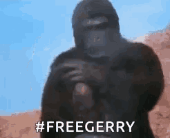 a gorilla in a hood is holding a bottle of beer and says `` freegerry '' .
