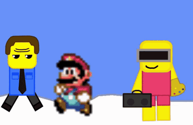 a man in a blue shirt and tie stands next to a mario character