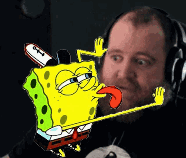 a man wearing headphones looks at a cartoon spongebob with his tongue out