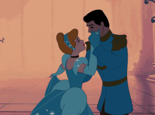 a cartoon of cinderella and prince charming kissing each other