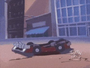 a cartoon of a man holding a car with toon disney written on the bottom