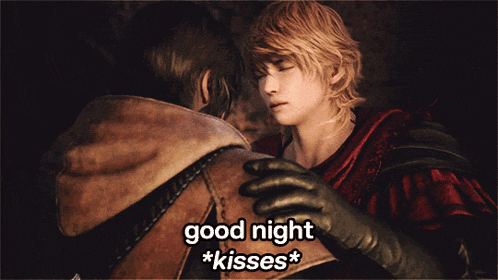 a picture of two men with the words good night * kisses * above them
