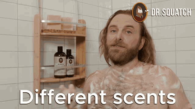 a man taking a shower with the words different scents written on the bottom