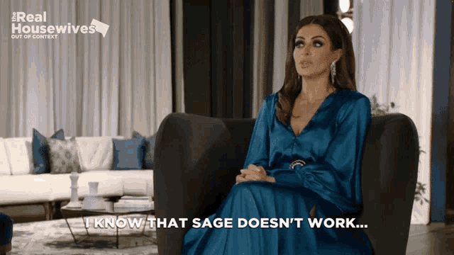 a woman sitting in a chair with the words " i know that sage does n't work "