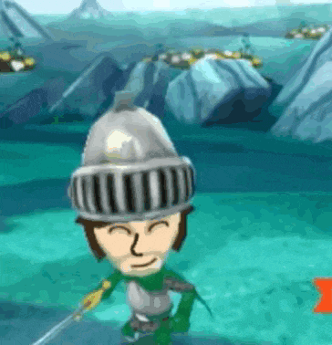 a cartoon character is holding a sword and wearing a knight 's helmet