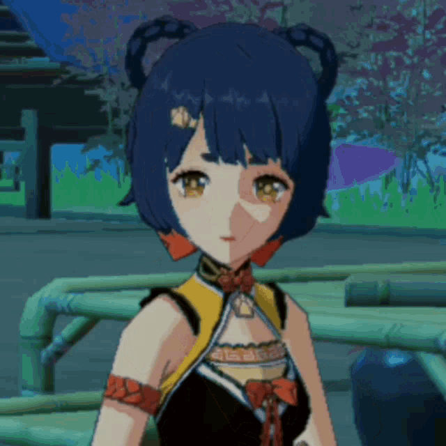 a girl with blue hair and yellow eyes is wearing a yellow and black dress .