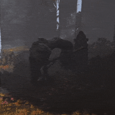 a skeleton is kneeling down in the woods with a sword