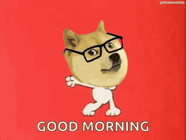 a dog wearing glasses and a snoopy costume says good morning