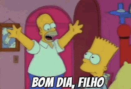 a cartoon of homer simpson and bart simpson with the words bom dia filho below them