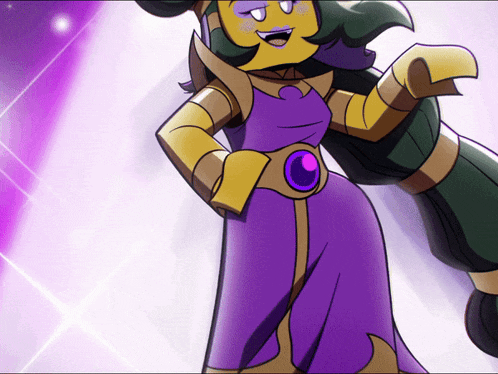a cartoon character in a purple dress with a purple stone around her waist