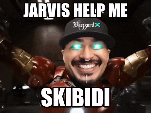 a man wearing a blizzard hat is smiling with the words jarvis help me skibidi below him