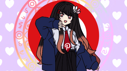 a drawing of a girl in a suit and tie with a pinterest logo on her shirt