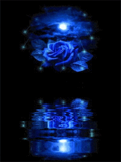a blue rose is reflected in the water with a moon in the background