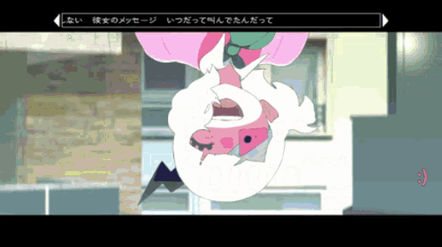 a cartoon character is hanging upside down with a message in the upper right corner