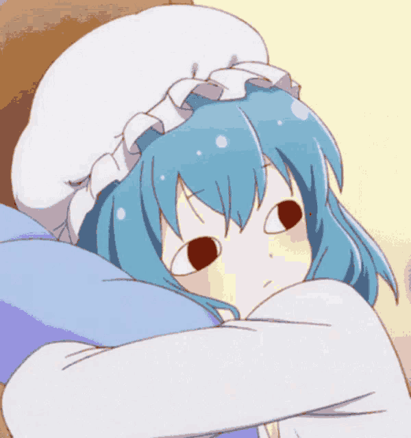 a blue haired anime girl with a white hat on her head