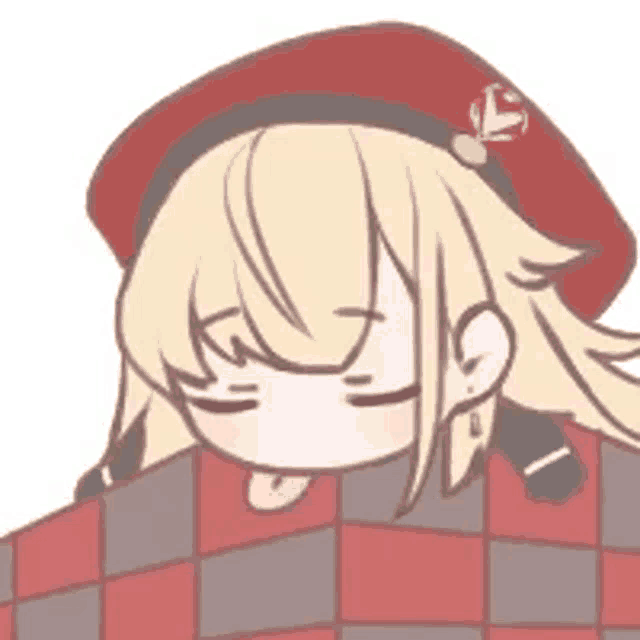 a cartoon girl wearing a red hat and a plaid shirt is sleeping on a blanket .