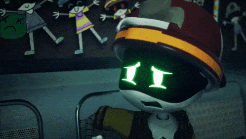 a cartoon character wearing a mask with a green light on his face