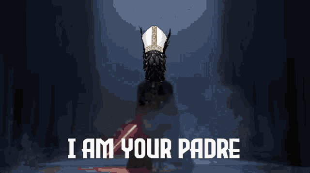 a black pug wearing a white hat with the words i am your padre written below it
