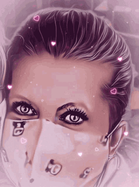a drawing of a woman wearing a mask with hearts around her