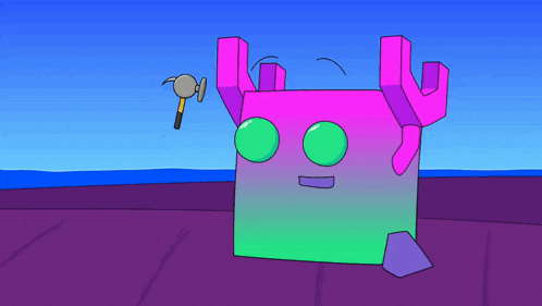 a cartoon drawing of a colorful cube with a hammer on its head