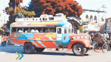 a colorful bus with the number 45720 on it