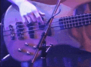 a person is playing a bass guitar with a microphone in the background .