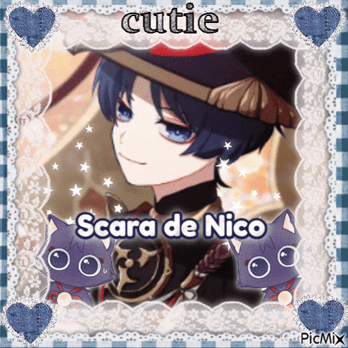a picture of scara de nico with two cats in the background