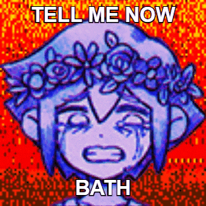 a cartoon of a girl with a flower crown on her head is crying and says `` tell me now bath '' .