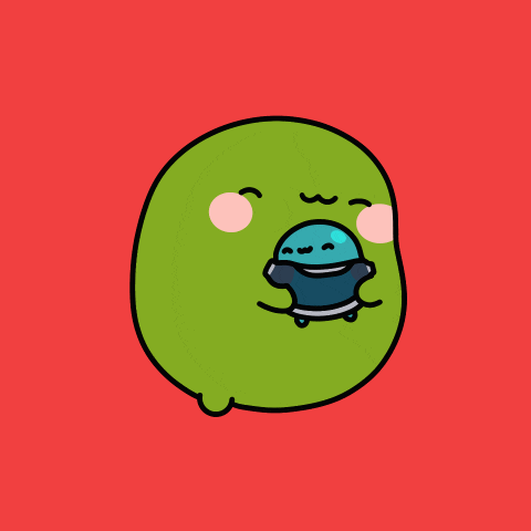 a cartoon drawing of a green frog with a blue object in its mouth on a red background