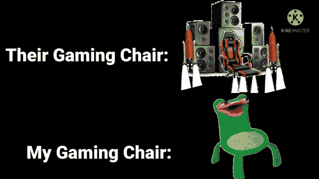 a green frog is standing in front of a stack of speakers and a gaming chair .