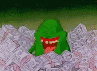 a cartoon character is laying in a pile of money .