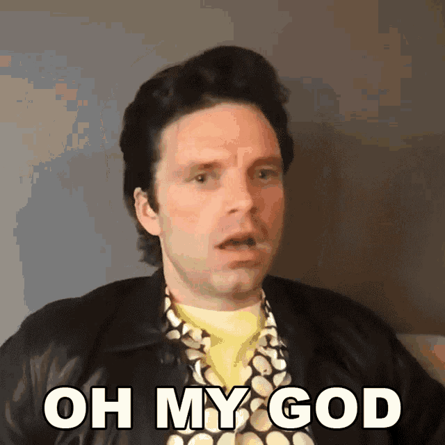 a man wearing a polka dot shirt and a leather jacket says " oh my god "